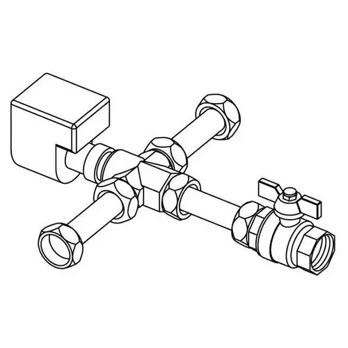 3-Wege-Umschaltventil in technischen Zeichnung, mit Anschlussstücken und einem drehbaren Griff. Produkt von Uponor, für Fluidsteuerung in Rohrleitungen.